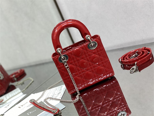 CD Mini Lady Di.or Bag Patent Cannage Calfskin Silver Tone Metal Cherry Red