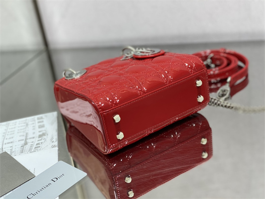CD Mini Lady Di.or Bag Patent Cannage Calfskin Silver Tone Metal Cherry Red