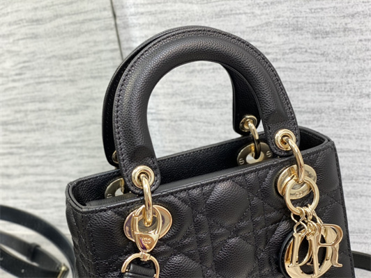 CD Small Lady Di.or Bag Cannage Grained Calfskin Gold Tone Metal Black
