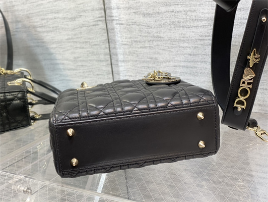 CD Small Lady Di.or My ABCDior Bag Cannage Lambskin Enamel Charms Gold Tone Metal Black