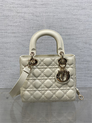 CD Small Lady Di.or Bag Cannage Grained Calfskin Gold Tone Metal  Cream