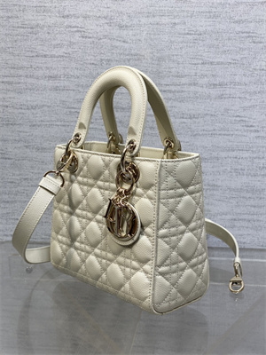 CD Small Lady Di.or Bag Cannage Grained Calfskin Gold Tone Metal  Cream