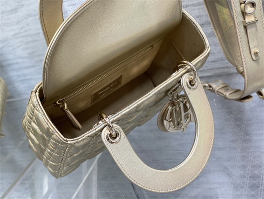 CD Small Lady Di.or My ABCDior Bag Cannage Lambskin Gold Tone Metal Champagne Gold