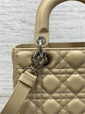 CD Small Lady Di.or Bag Cannage Grained Calfskin Silver Tone Metal Beige