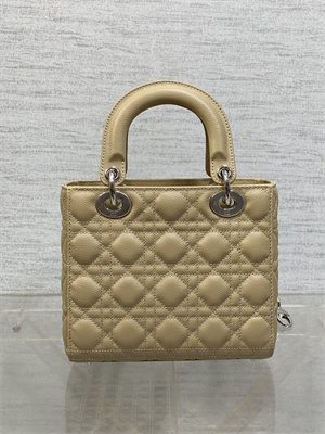 CD Small Lady Di.or Bag Cannage Grained Calfskin Silver Tone Metal Beige