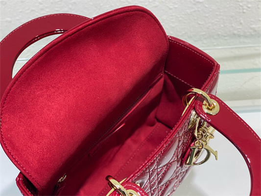 CD Small Lady Di.or My ABCDior Bag Patent Cannage Calfskin Gold Tone Metal Cherry Red