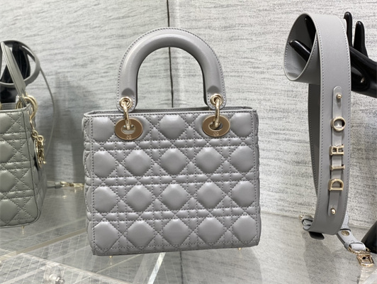 CD Small Lady Di.or My ABCDior Bag Cannage Lambskin Gold Tone Metal Pearlescent Grey