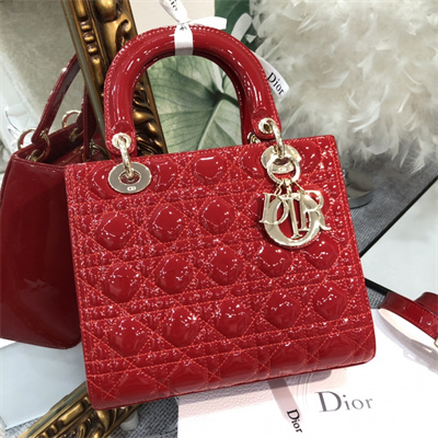 CD Medium Lady Di.or Bag Patent Cannage Calfskin Gold Tone Metal Red