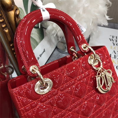 CD Medium Lady Di.or Bag Patent Cannage Calfskin Gold Tone Metal Red