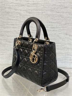 CD Medium Lady Di.or Bag Cannage Grained Calfskin Gold Tone Metal Black