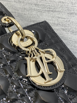 CD Medium Lady Di.or Bag Patent Cannage Calfskin Gold Tone Metal Black