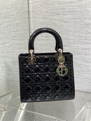 CD Medium Lady Di.or Bag Patent Cannage Calfskin Gold Tone Metal Black