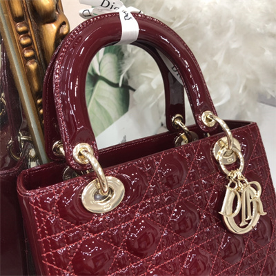 CD Medium Lady Di.or Bag Patent Cannage Calfskin Gold Tone Metal Burgundy