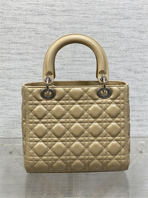 CD Medium Lady Di.or Bag Cannage Grained Calfskin Silver Tone Metal Beige