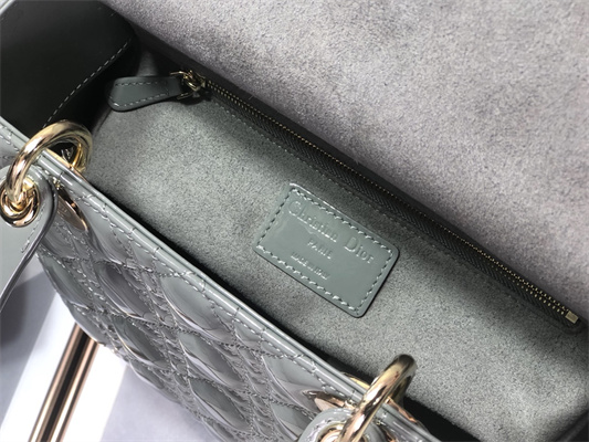 CD Medium Lady Di.or Bag Patent Cannage Calfskin Gold Tone Metal Stone Grey
