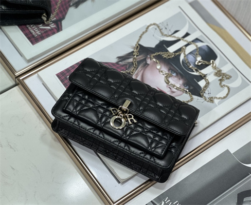 CD Miss Dior Chain Pouch Cannage Lambskin Black