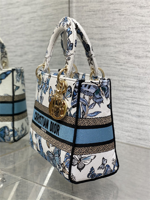 CD Medium Lady Di.or D-Lite Bag Toile de Jouy Mexico Embroidery White And Pastel Midnight Blue
