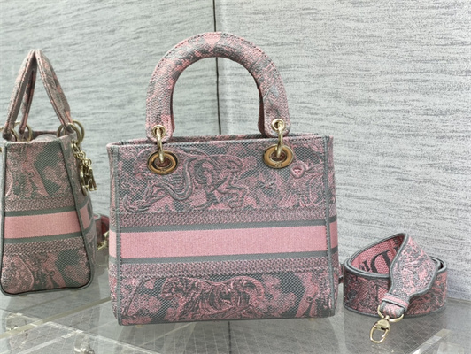 CD Medium Lady Di.or D-Lite Bag Toile de Jouy Embroidery Grey And Pink