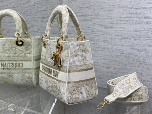 CD Medium Lady Di.or D-Lite Bag Jardin d’Hiver Embroidery Gold Tone and White