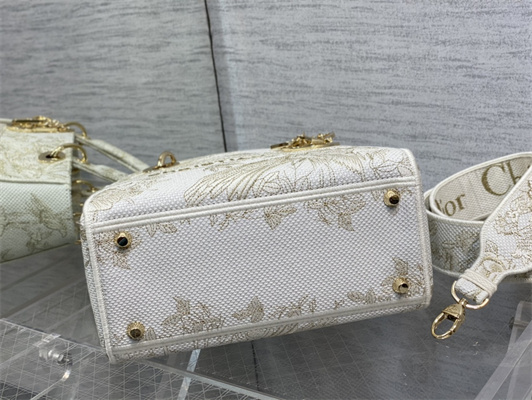 CD Medium Lady Di.or D-Lite Bag Jardin d’Hiver Embroidery Gold Tone and White