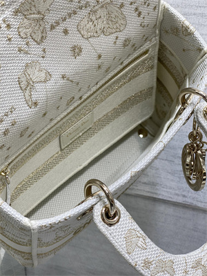 CD Medium Lady Di.or D-Lite Bag Butterfly Zodiac Embroidery Gold Tone and White