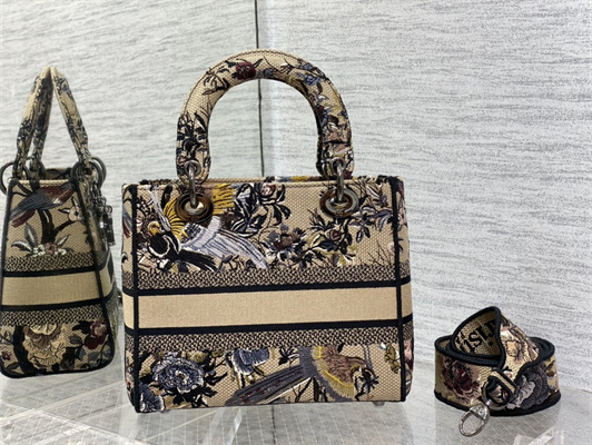 CD Medium Lady Di.or D-Lite Bag Jardin d’Hiver Embroidery Beige