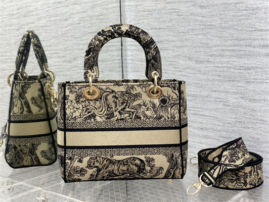 CD Medium Lady Di.or D-Lite Bag Toile de Jouy Embroidery Beige and Black
