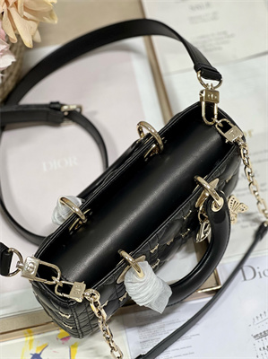 CD Small Lady D-Joy Bag Cannage Lambskin With Golden Butterfly Gold Tone Metal Black