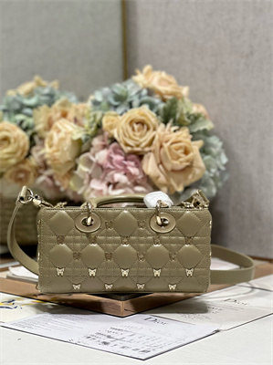 CD Small Lady D-Joy Bag Cannage Lambskin With Golden Butterfly Gold Tone Metal Beige