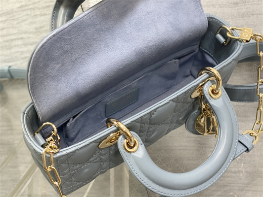 CD Small Lady D-Joy Bag Cannage Lambskin Gold Tone Metal Cloud Blue