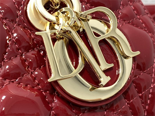 CD Small Lady D-Joy Bag Patent Cannage Calfskin Gold Tone Metal Cherry Red