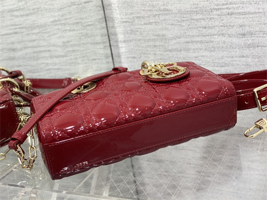 CD Small Lady D-Joy Bag Patent Cannage Calfskin Gold Tone Metal Cherry Red