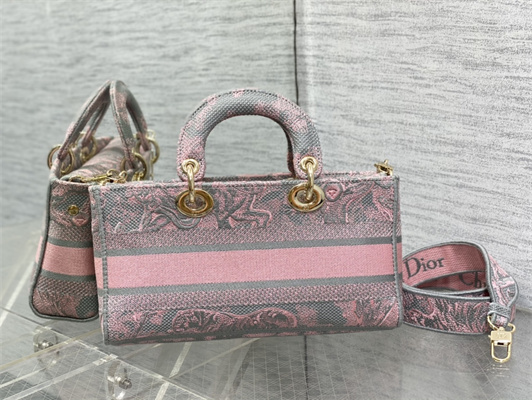 CD Medium Lady D-Joy Bag Toile de Jouy Embroidery Grey and Pink