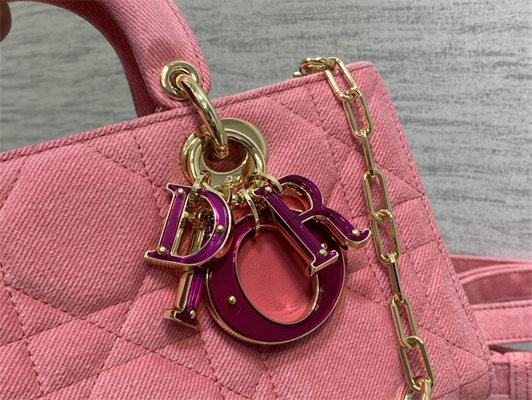 CD Medium Lady D-Joy Bag Cannage Denim Pink Gold Tone Metal