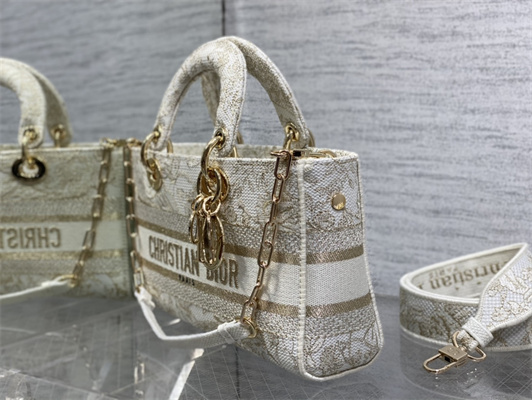 CD Medium Lady D-Joy Bag Jardin d’Hiver Embroidery Gold Tone and White