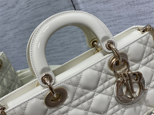 CD Medium Lady D-Joy Bag Patent Cannage Calfskin Gold Tone Metal Latte