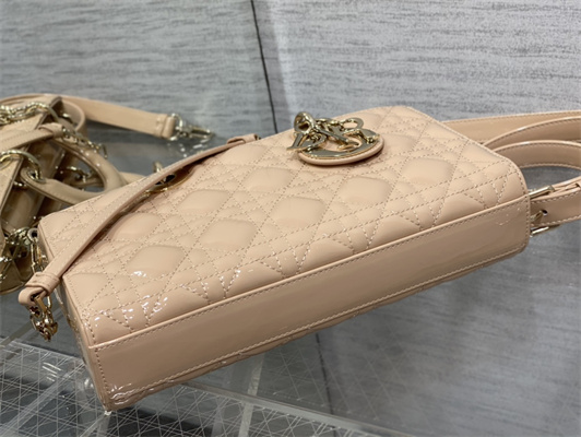 CD Medium Lady D-Joy Bag Patent Cannage Calfskin Gold Tone Metal Nude Pink