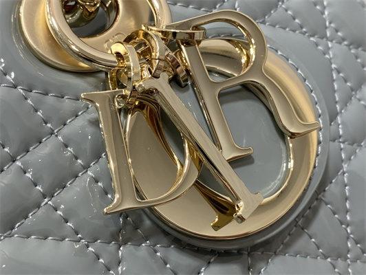 CD Medium Lady D-Joy Bag Patent Cannage Calfskin Gold Tone Metal Stone Grey