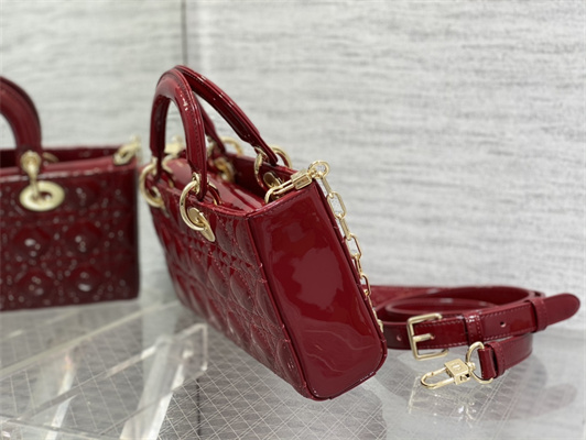 CD Medium Lady D-Joy Bag Patent Cannage Calfskin Gold Tone Metal Cherry Red