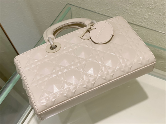 CD Medium Lady D-Joy Bag Cannage Calfskin With Diamond Motif White