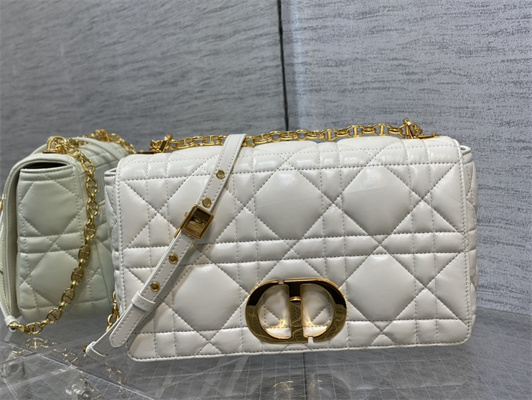CD Large Di.or Caro Bag Quilted Macrocannage Calfskin Gold Tone Metal White