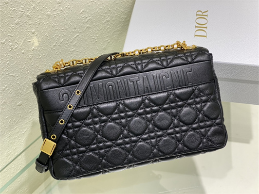 CD Large Di.or Caro Bag Supple Cannage Calfskin Gold Tone Metal Black