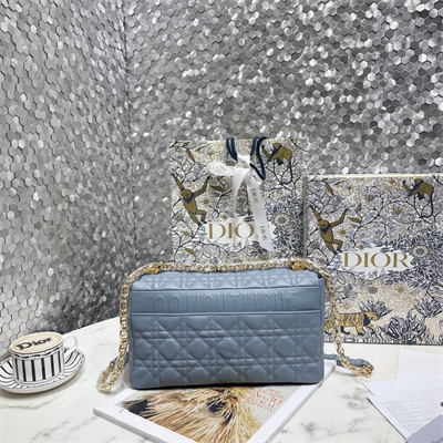CD Large Di.or Caro Bag Supple Cannage Calfskin Gold Tone Metal Blue
