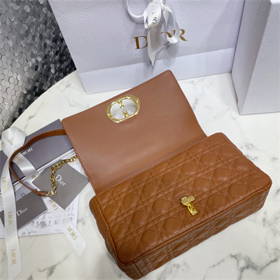 CD Large Di.or Caro Bag Supple Cannage Calfskin Gold Tone Metal Caramel