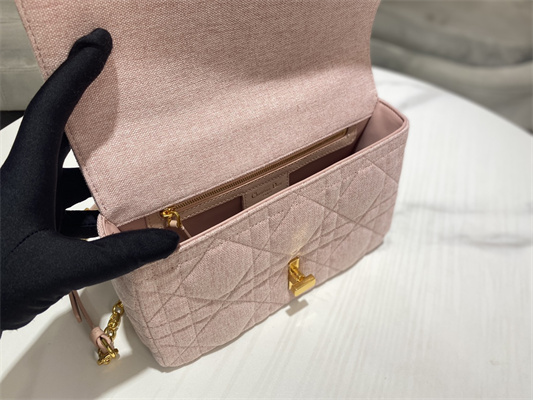 CD Medium Di.or Caro Bag Macrocannage Linen Gold Tone Metal Rose Pink