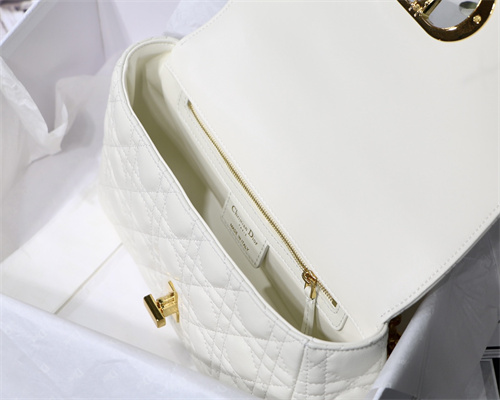 CD Medium Di.or Caro Bag Supple Cannage Calfskin Gold Tone Metal White