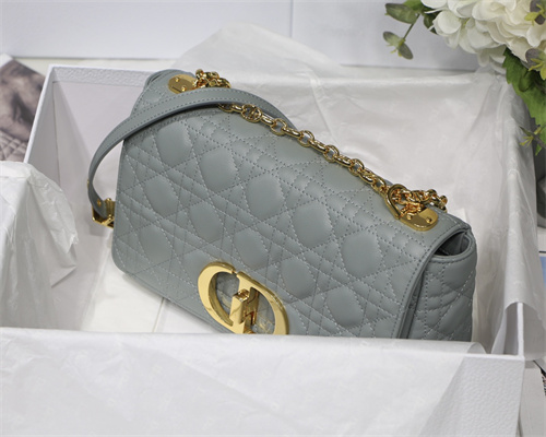 CD Medium Di.or Caro Bag Supple Cannage Calfskin Gold Tone Metal Stone Grey