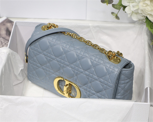 CD Medium Di.or Caro Bag Supple Cannage Calfskin Gold Tone Metal Blue