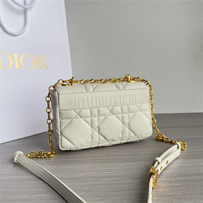 CD Small Di.or Caro Bag Quilted Macrocannage Calfskin Gold Tone Metal White