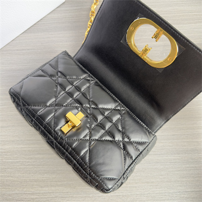 CD Small Di.or Caro Bag Quilted Macrocannage Calfskin Gold Tone Metal Black